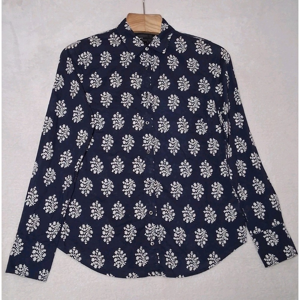 J.Crew The Perfect Button Down Long Sleeve Shirt Women's Size 8 Navy Blue Fern